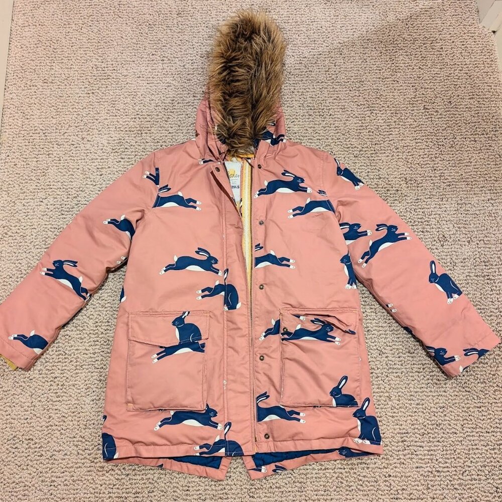 Boden girls winter parka jacket, pink rabbit